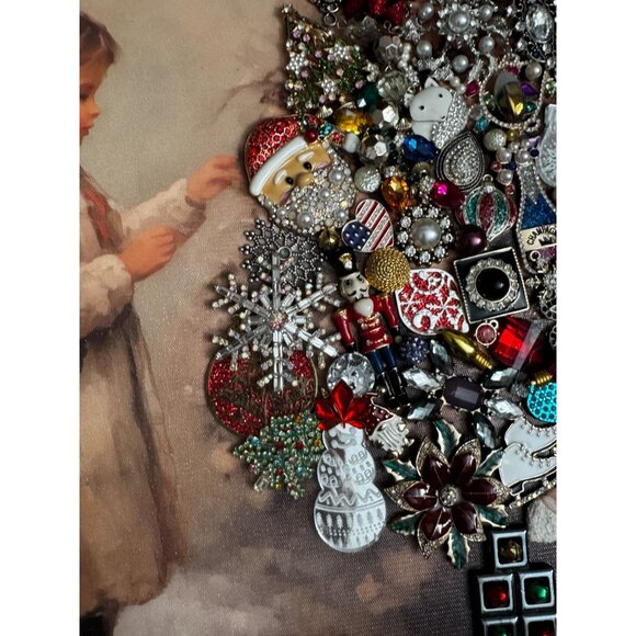 Girl Decorating Christmas Tree Vintage Jewelry Art Framed Picture by Betty - Picture 3 of 9